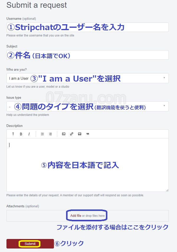 Stripchatの問い合わせページの記入例